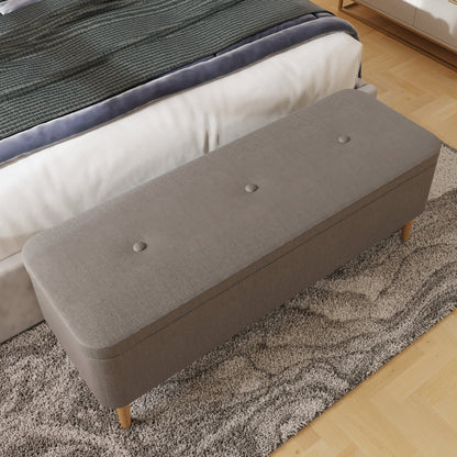 Grey Linen Ottoman Storage Bench With Solid Wooden Legs