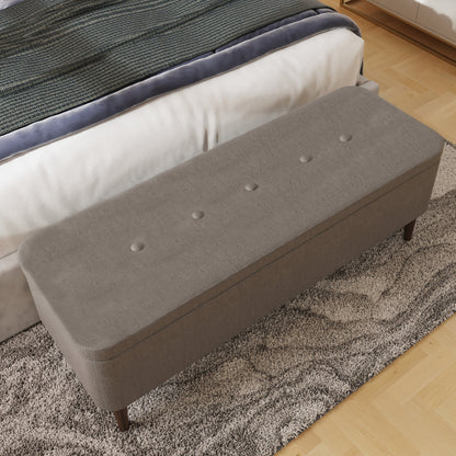 Grey Linen Ottoman Storage Bench With Solid Wooden Legs