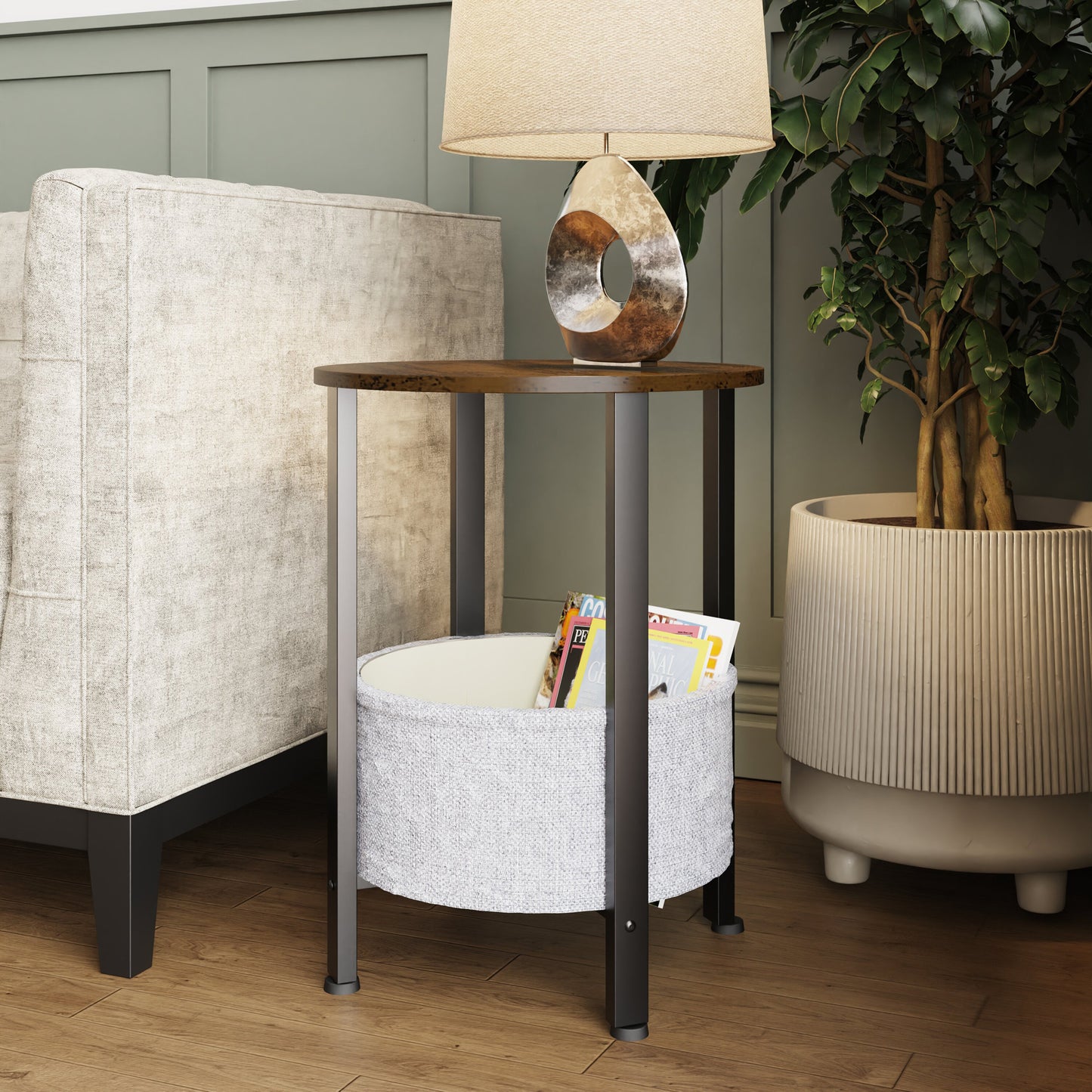 Industrial Design Side Table With Cream Fabric Storage Base