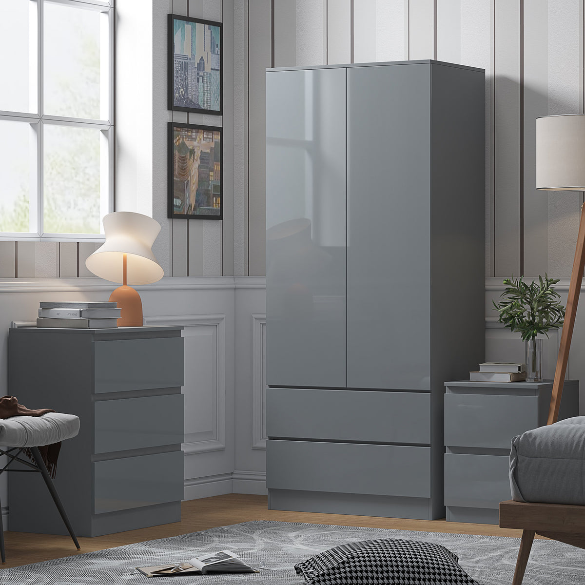 Stora 2 Door 2 Drawer Combination Wardrobe - Grey Gloss Front