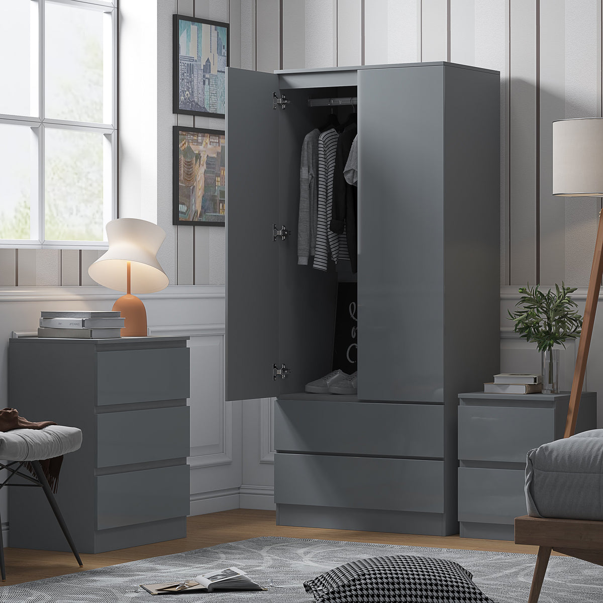 Stora 2 Door 2 Drawer Combination Wardrobe - Grey Gloss Front