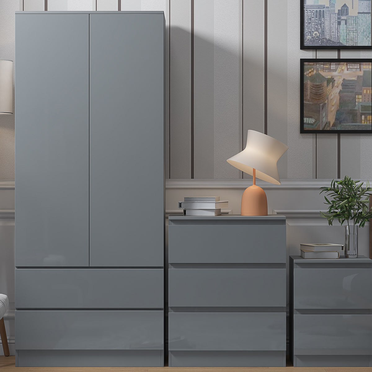 Stora 2 Door 2 Drawer Combination Wardrobe - Grey Gloss Front