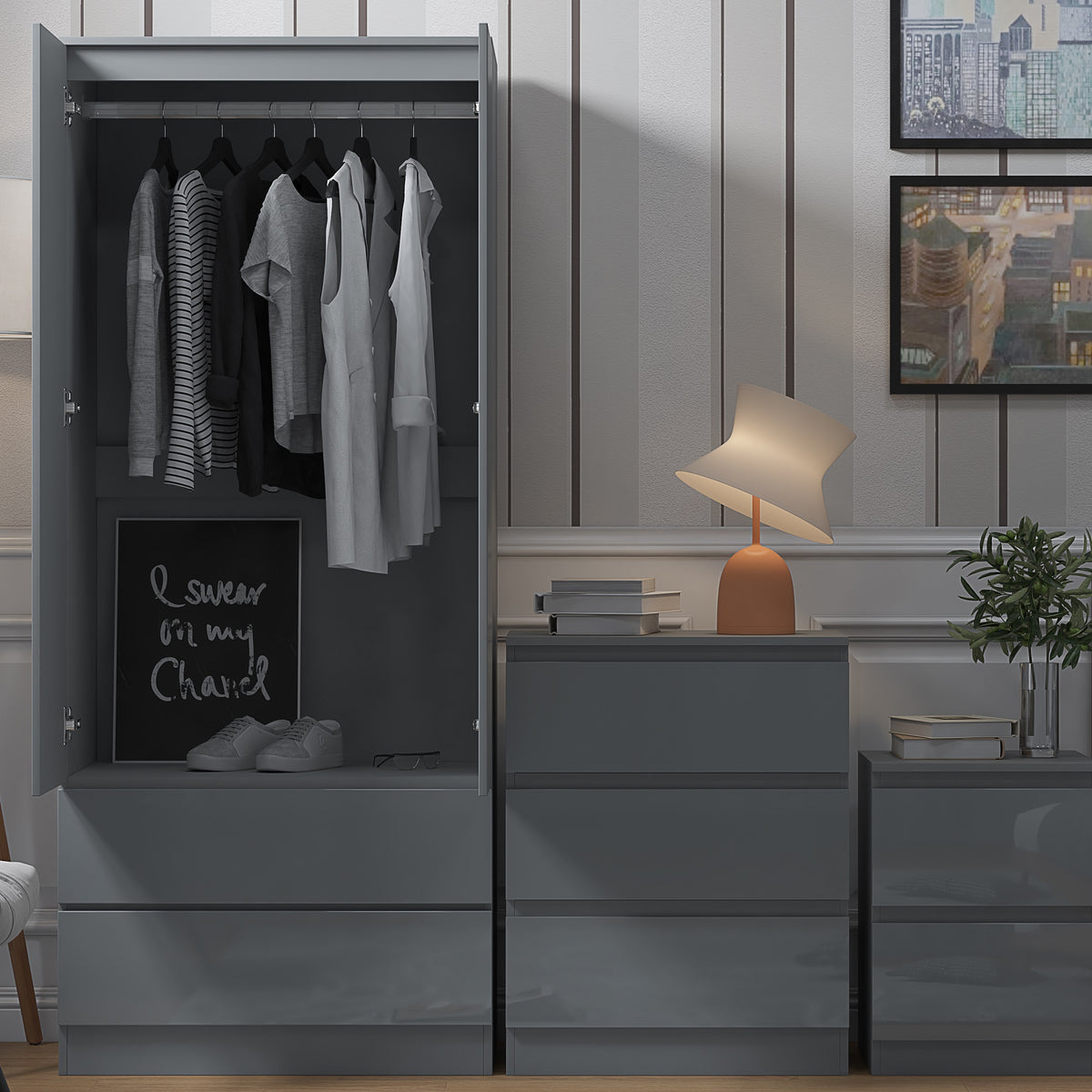Stora 2 Door 2 Drawer Combination Wardrobe - Grey Gloss Front