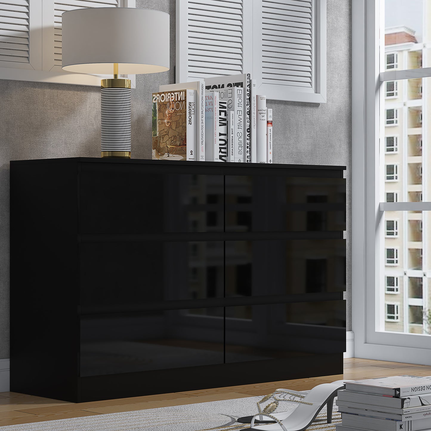 Stora 6 Drawer Wide 3+3 Chest Of Drawers - Black Gloss Front