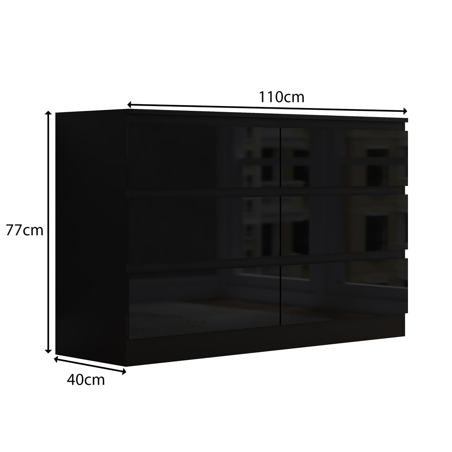 Stora 6 Drawer Wide 3+3 Chest Of Drawers - Black Gloss Front