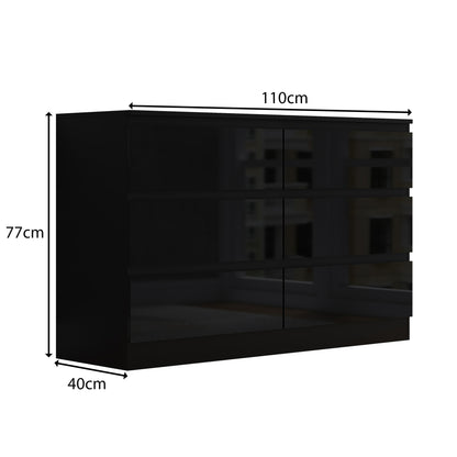 Stora 6 Drawer Wide 3+3 Chest Of Drawers - Black Gloss Front