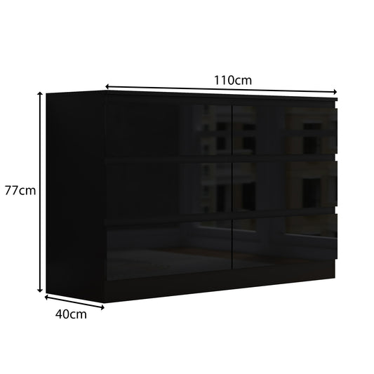 Stora 6 Drawer Wide 3+3 Chest Of Drawers - Black Gloss Front