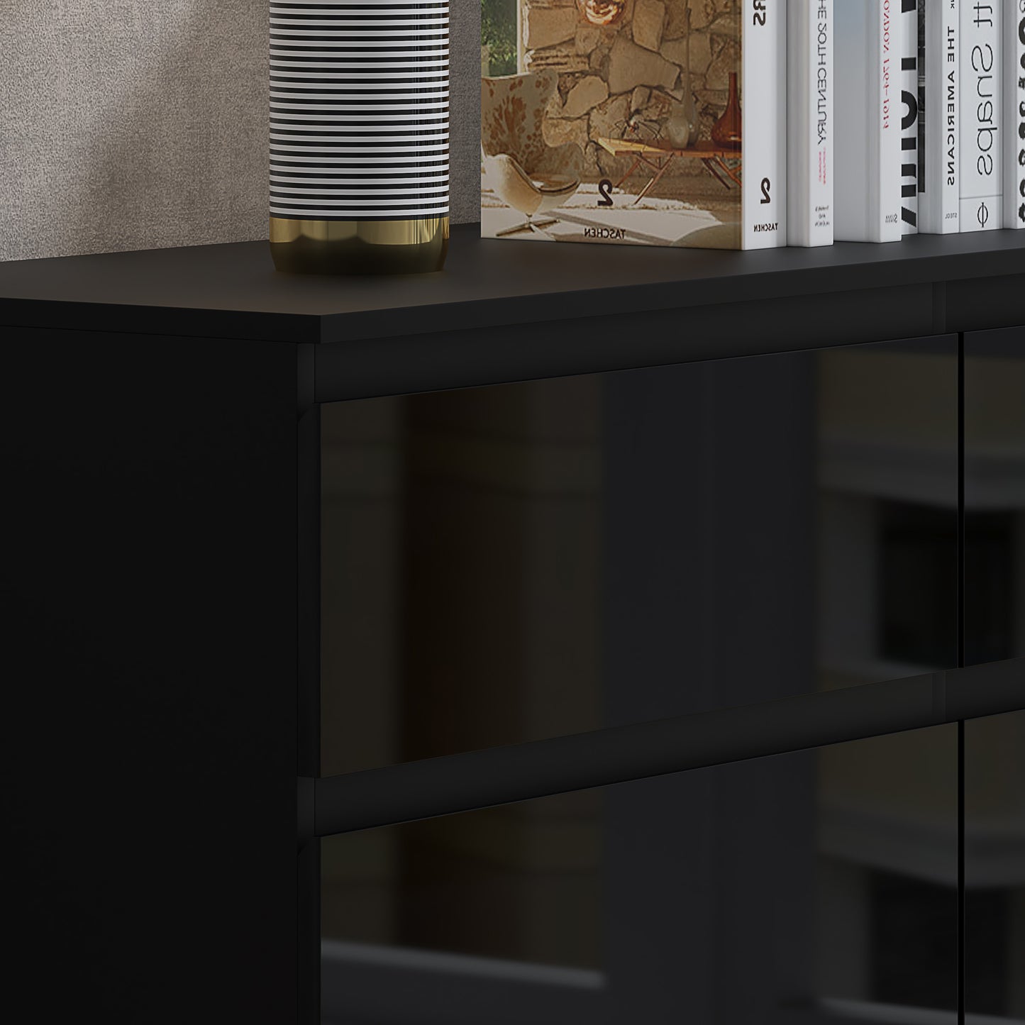 Stora 6 Drawer Wide 3+3 Chest Of Drawers - Black Gloss Front