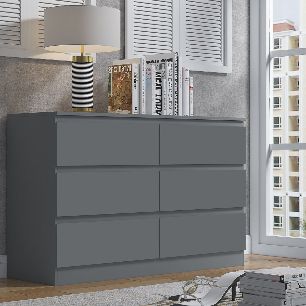Stora 6 Drawer Wide 3+3 Chest Of Drawers - Matt Dark Grey