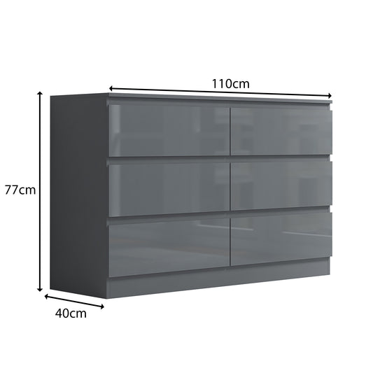 Stora 6 Drawer Wide 3+3 Chest Of Drawers - Grey Gloss Front