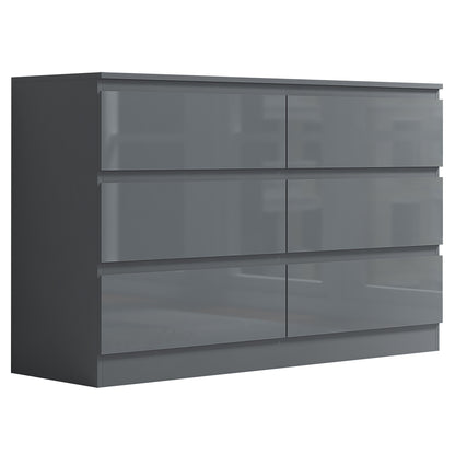 Stora 6 Drawer Wide 3+3 Chest Of Drawers - Grey Gloss Front