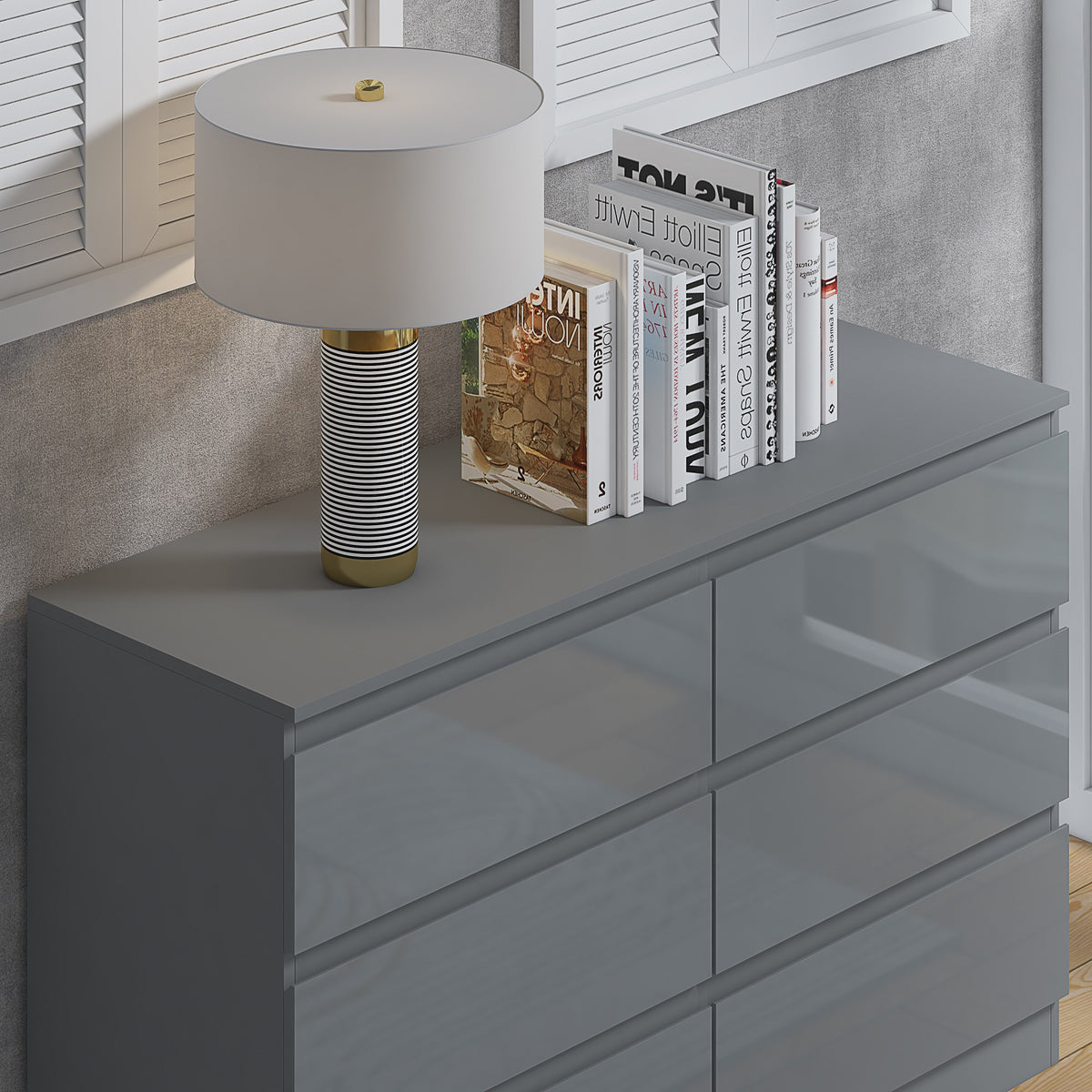 Stora 6 Drawer Wide 3+3 Chest Of Drawers - Grey Gloss Front