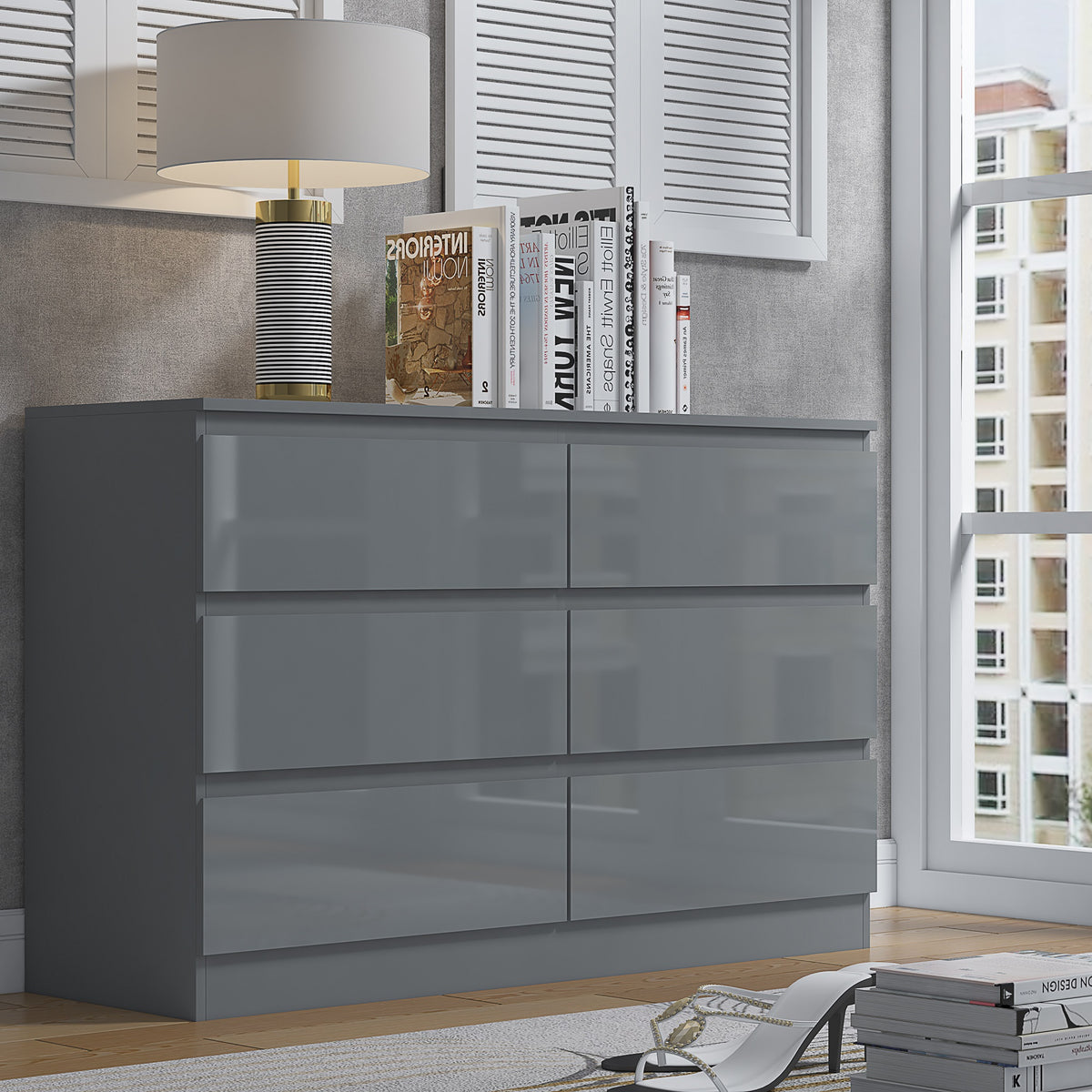 Stora 6 Drawer Wide 3+3 Chest Of Drawers - Grey Gloss Front