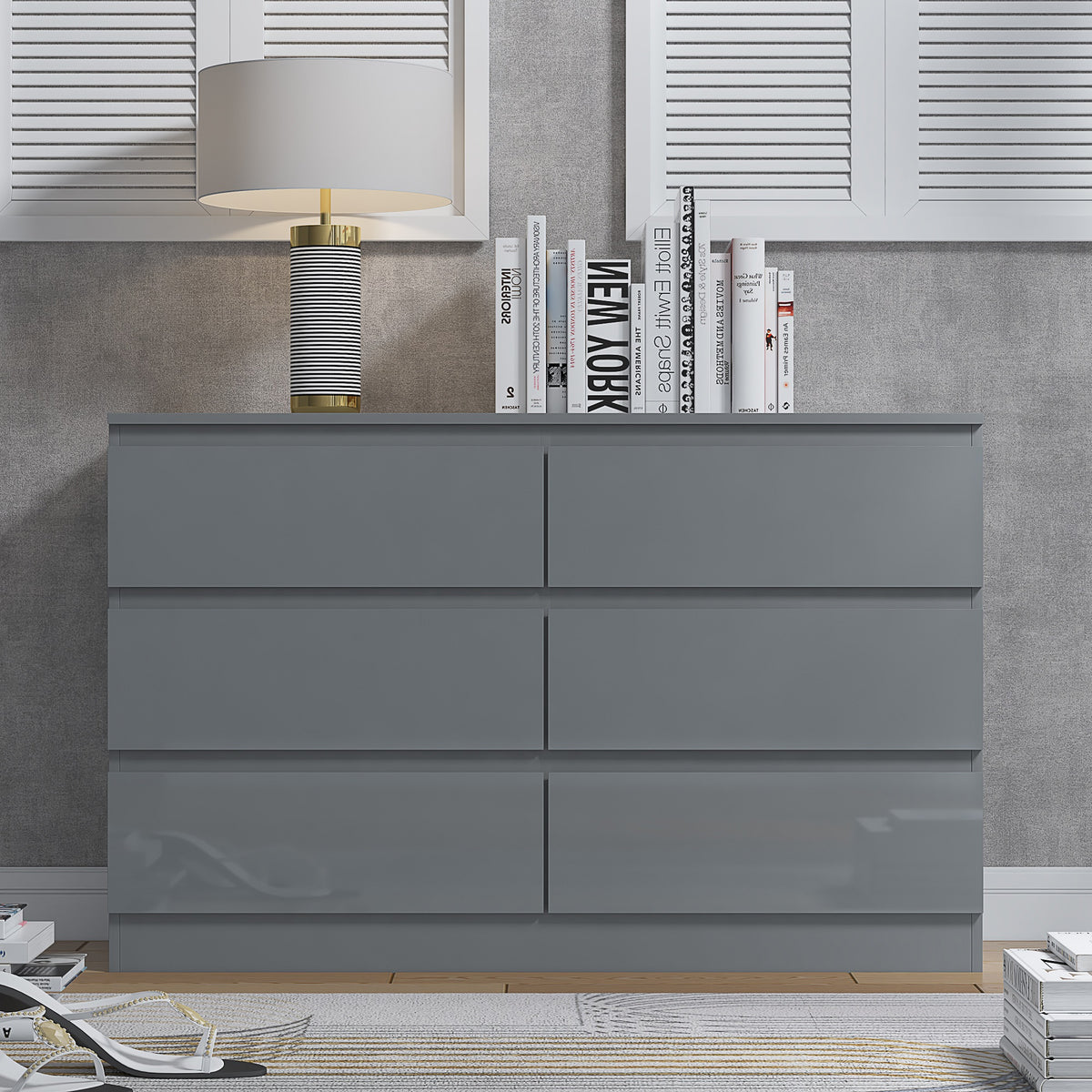 Stora 6 Drawer Wide 3+3 Chest Of Drawers - Grey Gloss Front