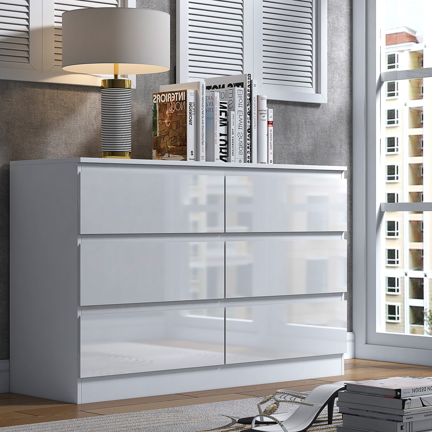 Stora 6 Drawer Wide 3+3 Chest Of Drawers - White Gloss Front