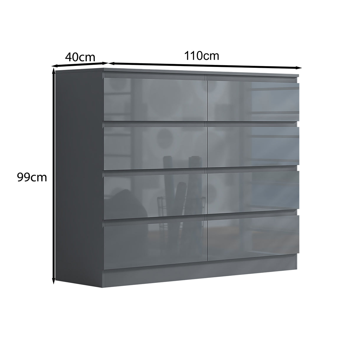 Stora 8 Drawer Wide 4+4 Chest Of Drawers - Grey Gloss Front
