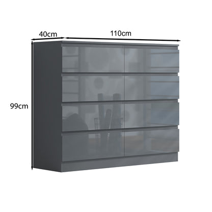 Stora 8 Drawer Wide 4+4 Chest Of Drawers - Grey Gloss Front