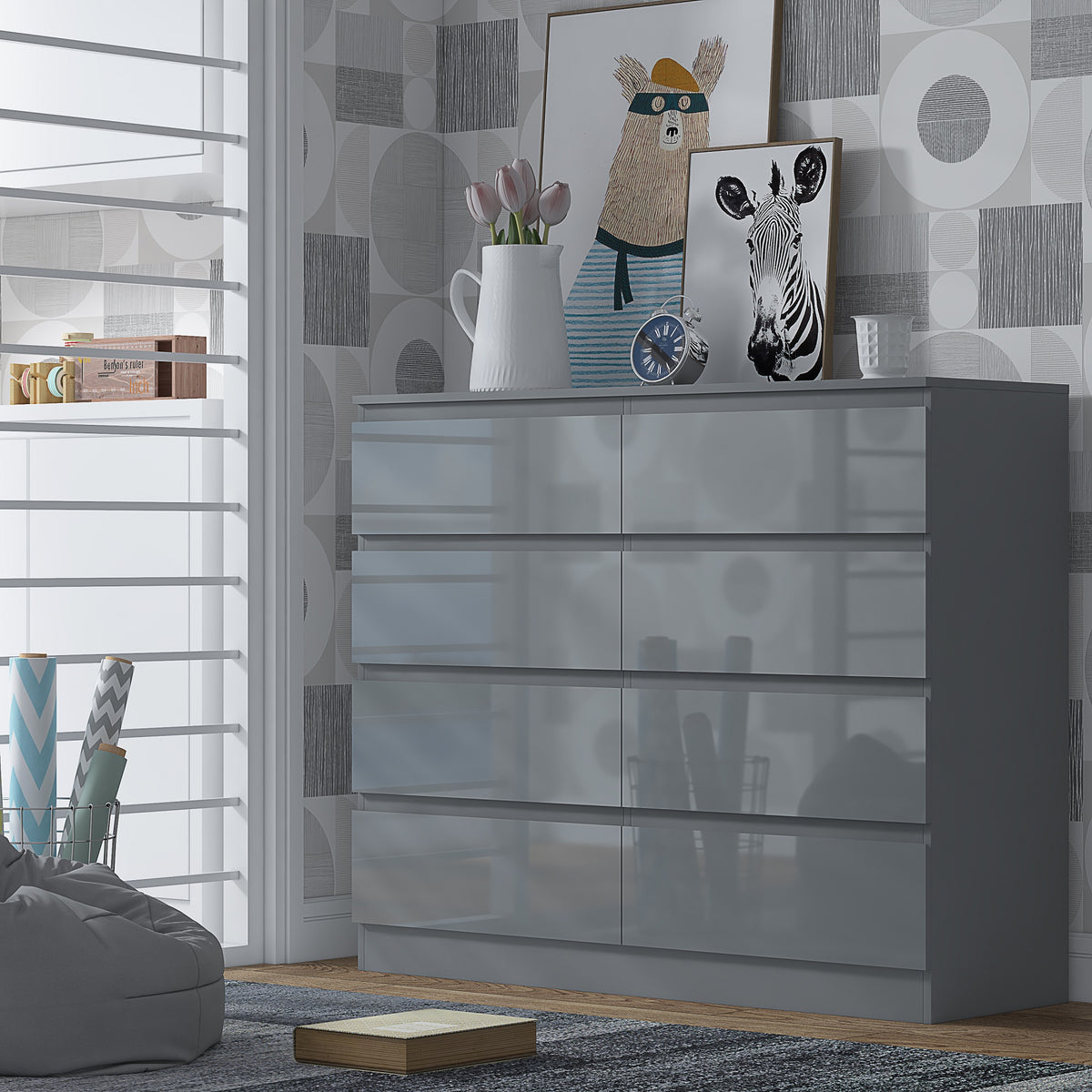Stora 8 Drawer Wide 4+4 Chest Of Drawers - Grey Gloss Front