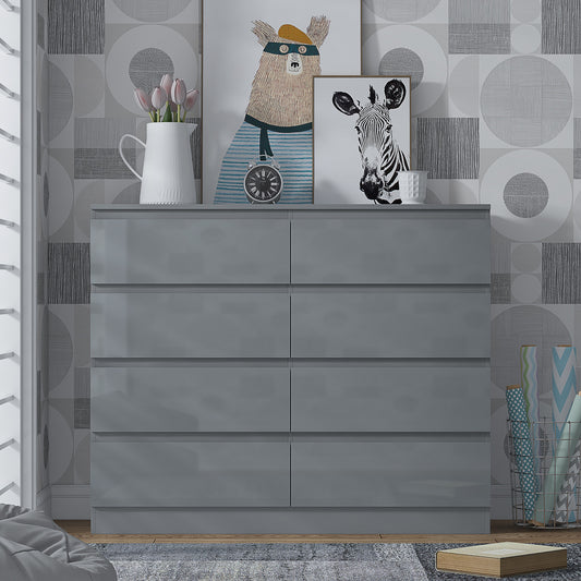 Stora 8 Drawer Wide 4+4 Chest Of Drawers - Grey Gloss Front