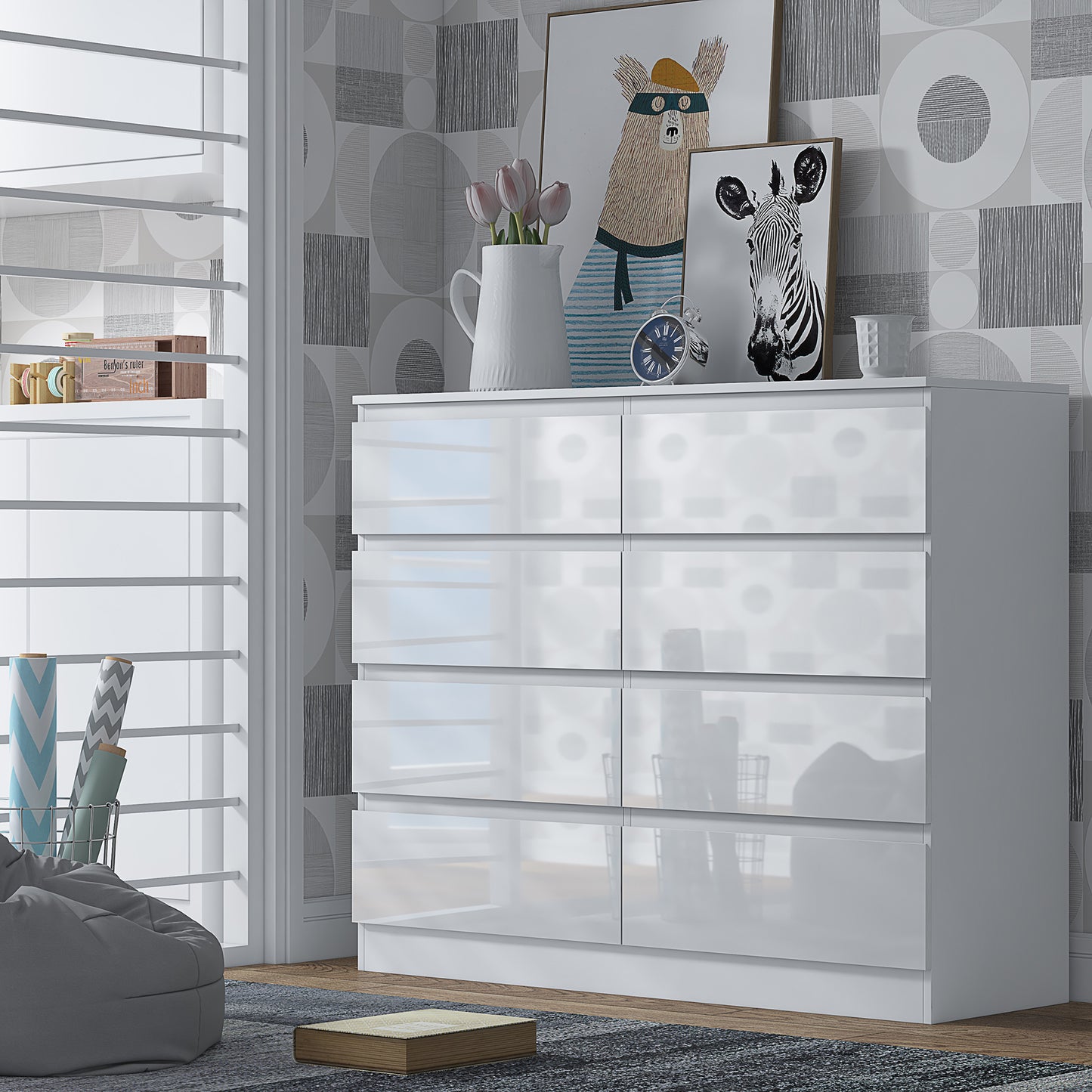 Stora 8 Drawer Wide 4+4 Chest Of Drawers - White Gloss Front