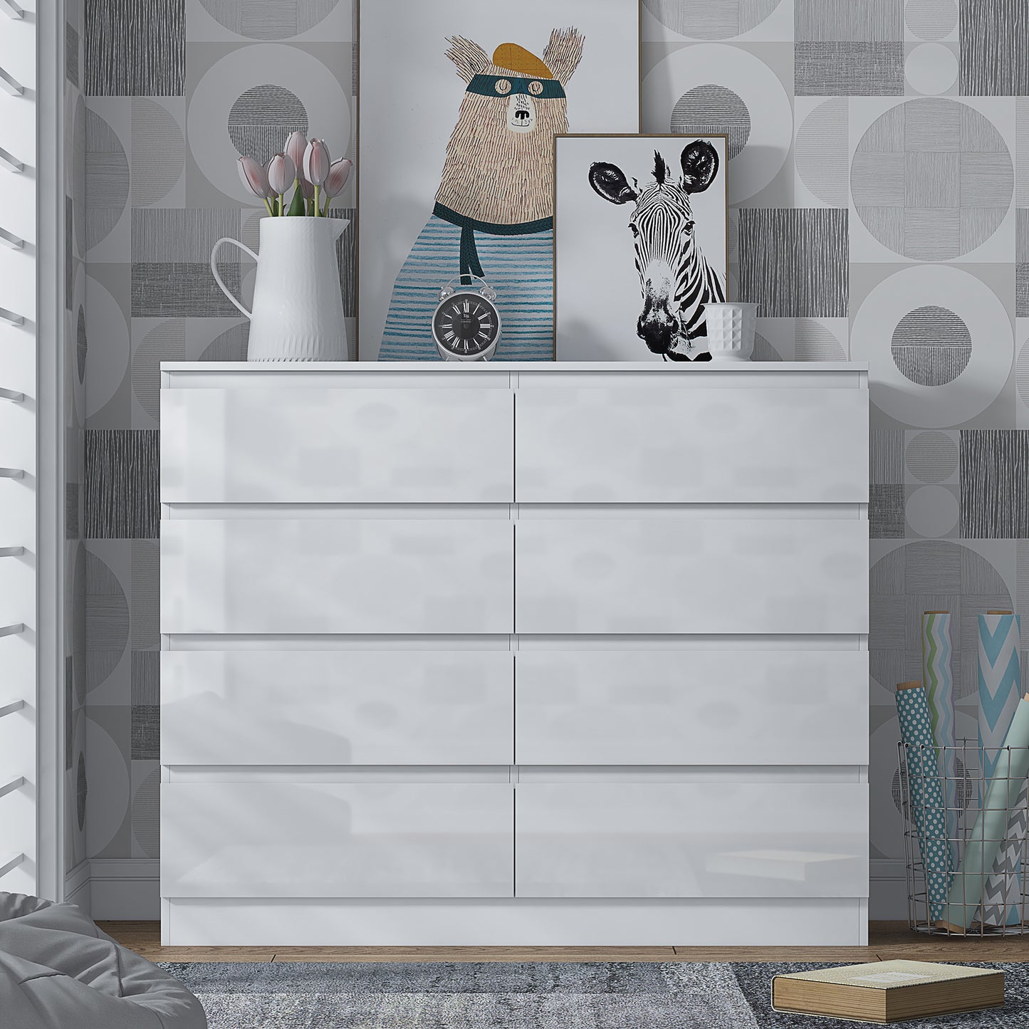 Stora 8 Drawer Wide 4+4 Chest Of Drawers - White Gloss Front