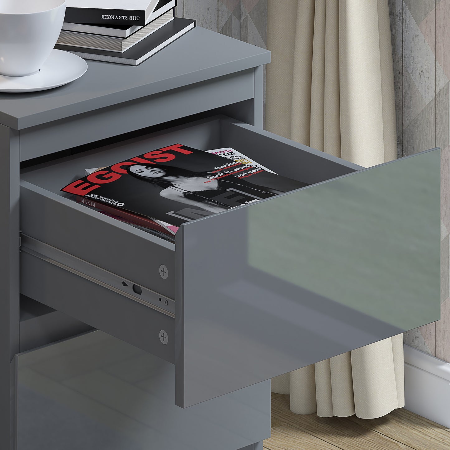 Stora 2 Drawer Bedside Cabinet - Grey Gloss Front