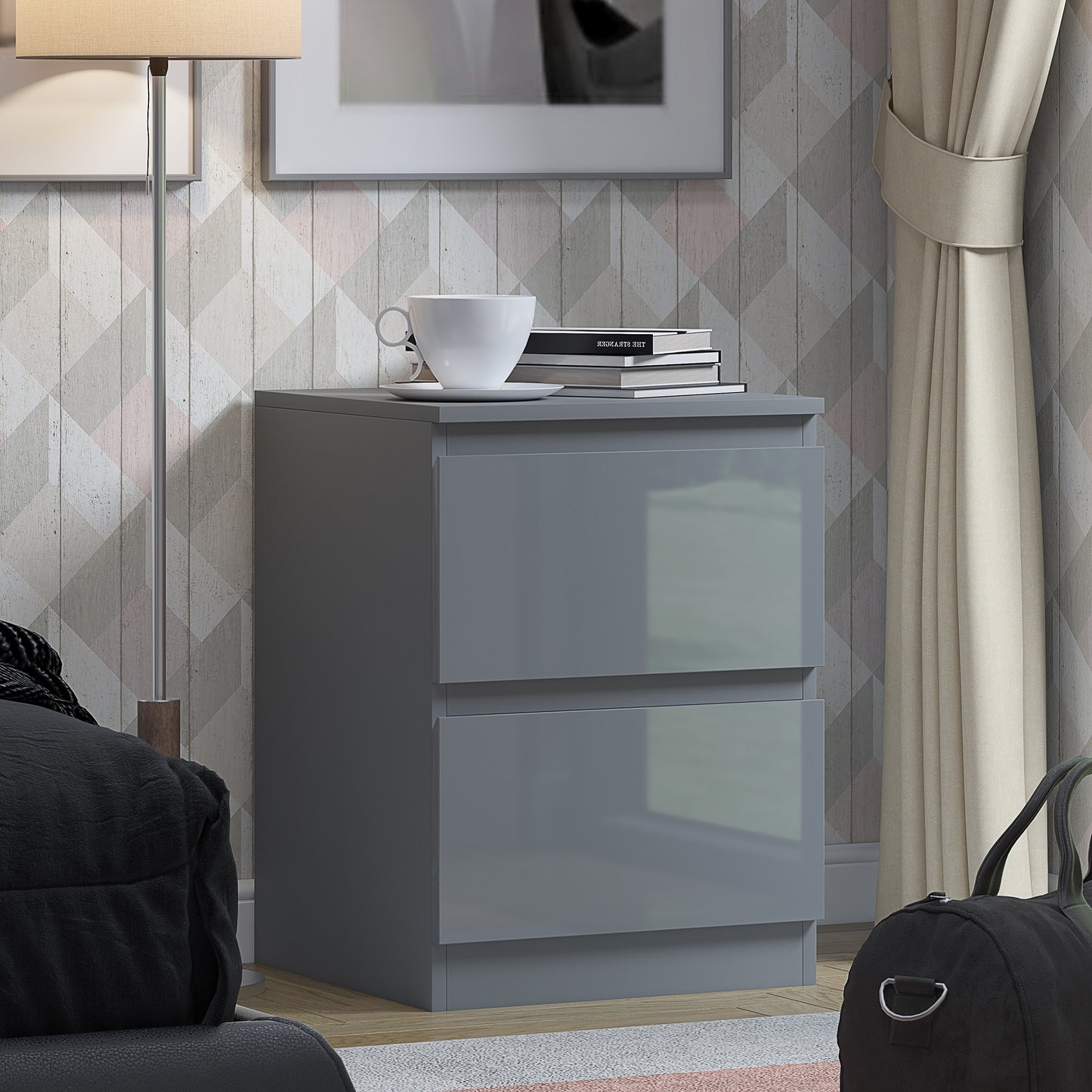 Stora 2 Drawer Bedside Cabinet - Grey Gloss Front