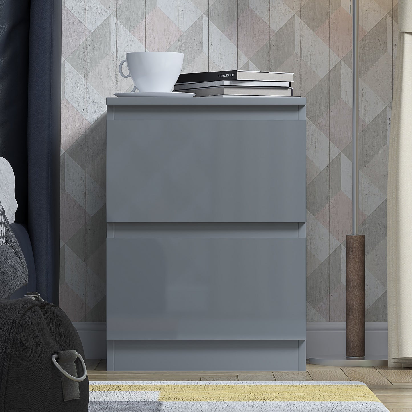 Stora 2 Drawer Bedside Cabinet - Grey Gloss Front