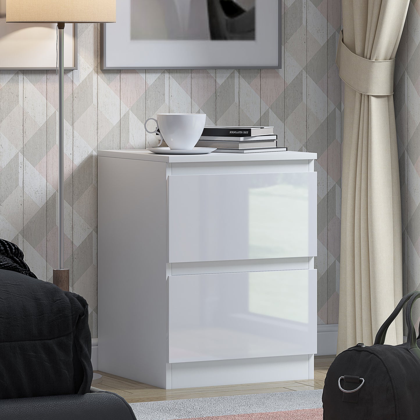 Stora 2 Drawer Bedside Cabinet - White Gloss Front