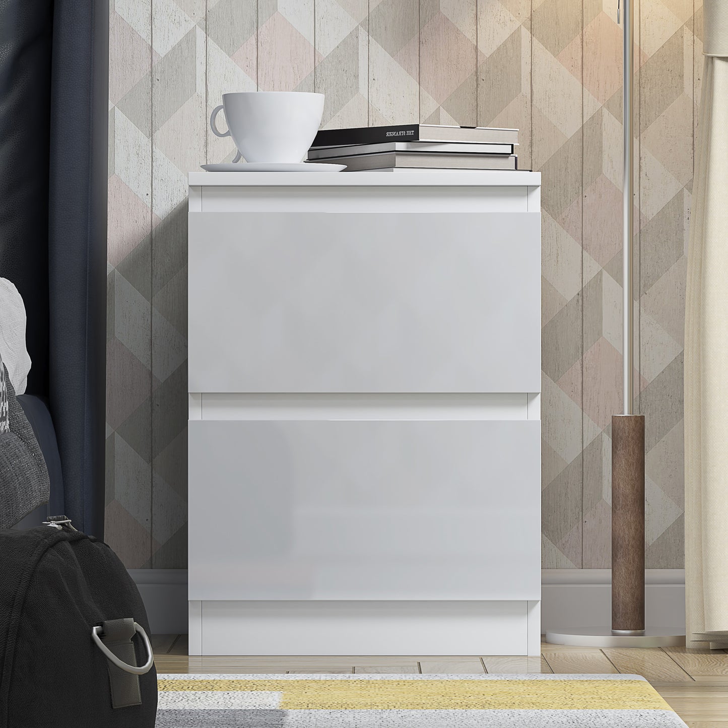 Stora 2 Drawer Bedside Cabinet - White Gloss Front