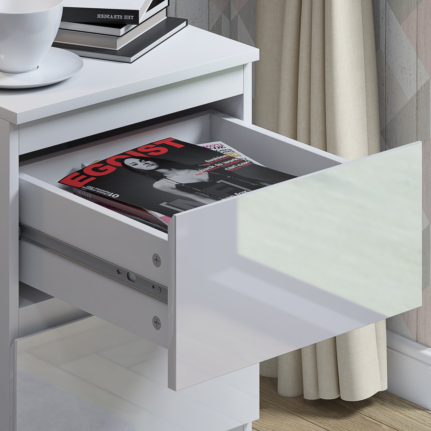 Stora 2 Drawer Bedside Cabinet - White Gloss Front