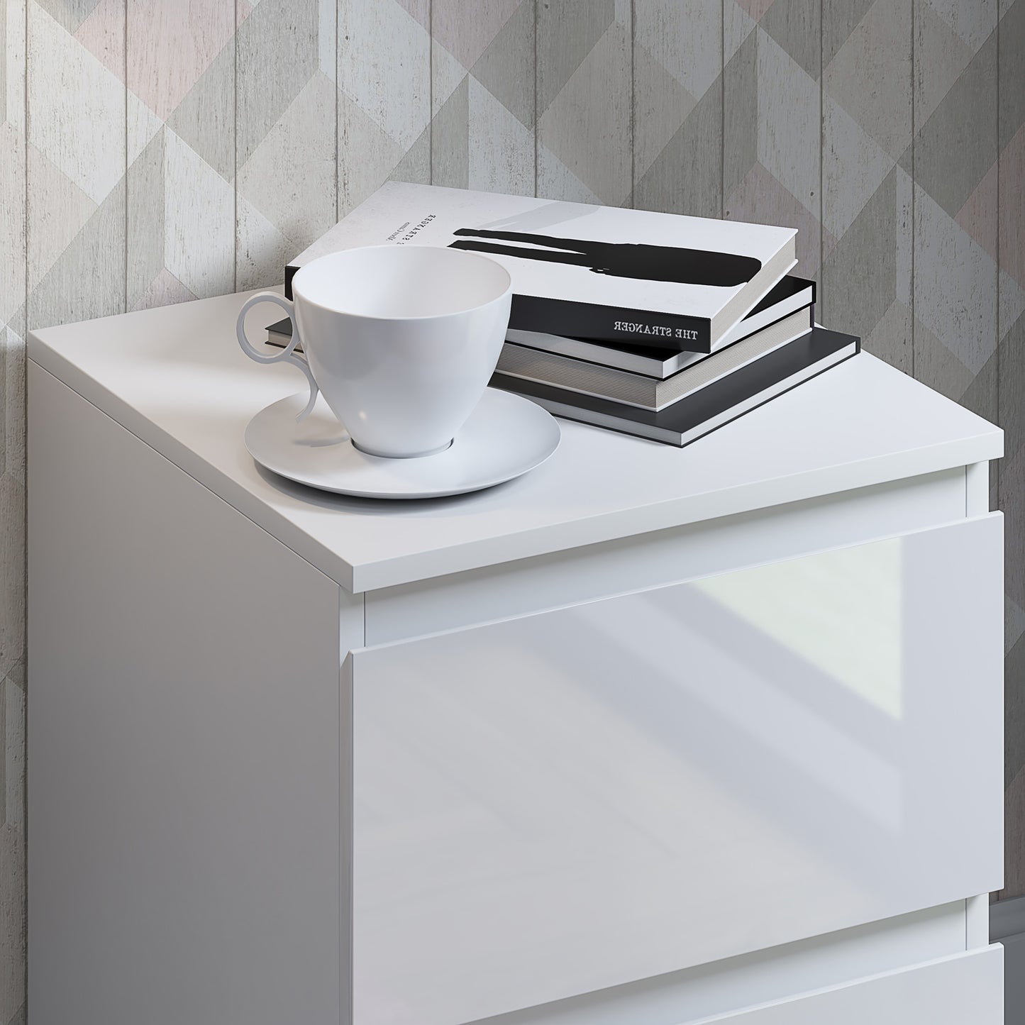 Stora 2 Drawer Bedside Cabinet - White Gloss Front