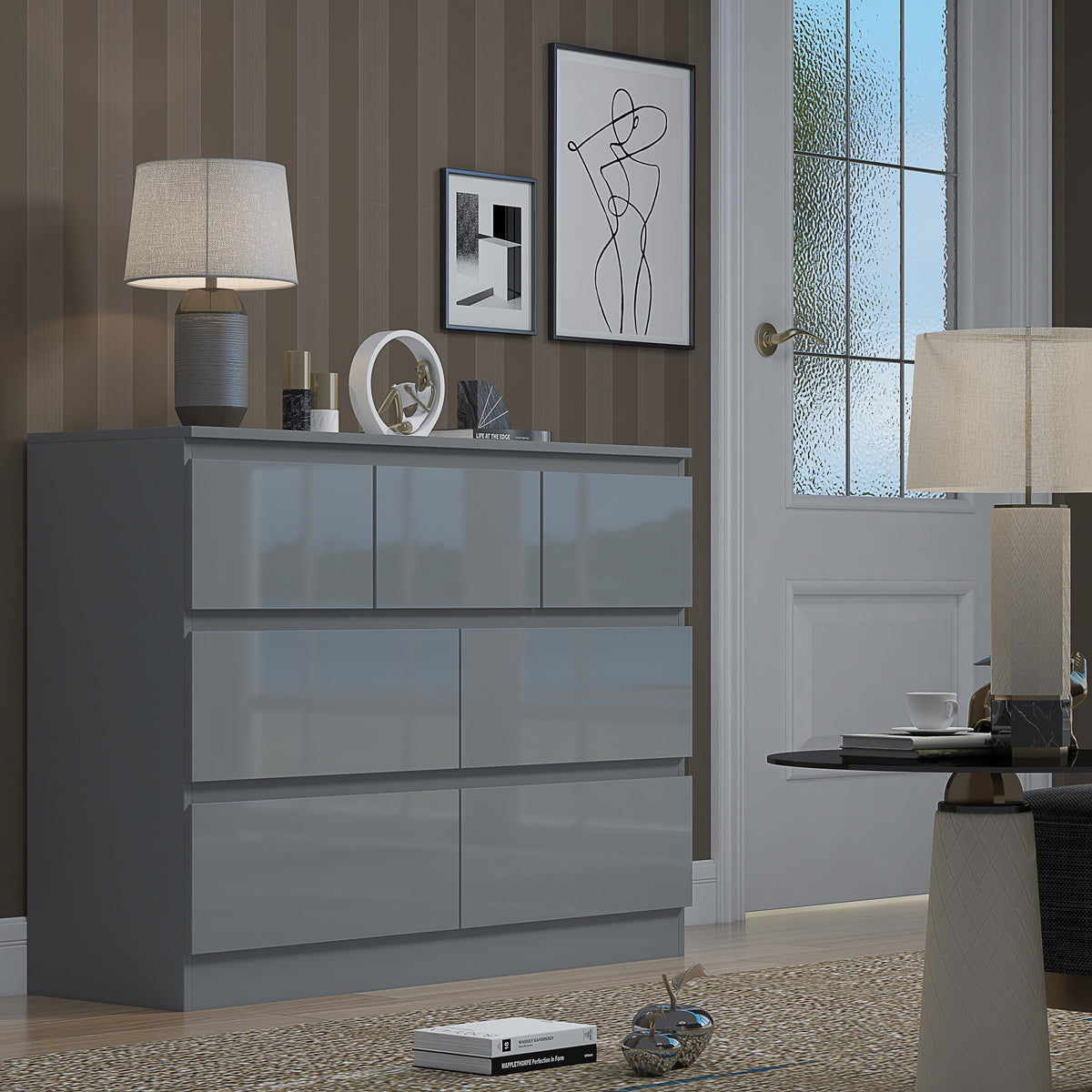 Stora 7 Drawer Merchant Chest Of Drawers - Grey Gloss Front