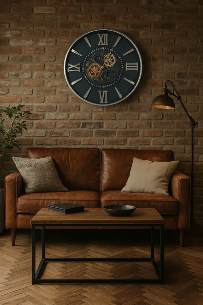Vintage Spintime Black & Gold Moving Gears Wall Clock