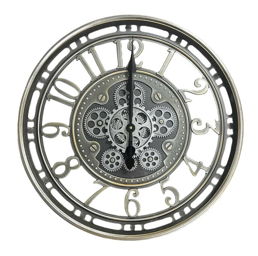 Open Face Gear Wall Clock - Silver