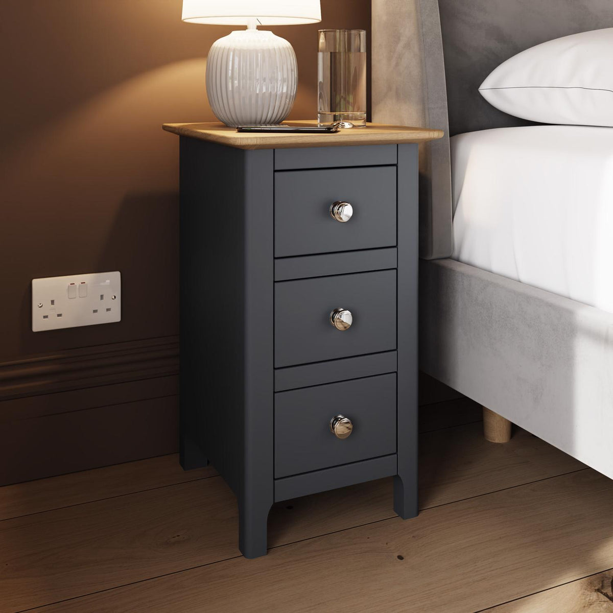 Taberno Oak 3 Drawer Bedside Table Nightstand Cabinet Graphite Blue
