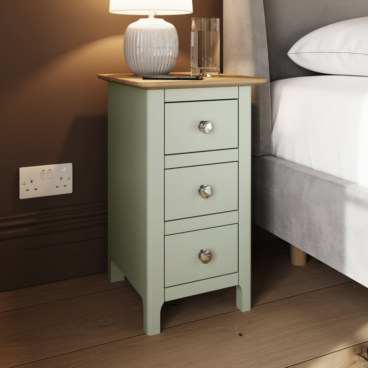 Taberno Oak 3 Drawer Bedside Table Nightstand Cabinet Sage Green
