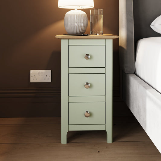 Taberno Oak 3 Drawer Bedside Table Nightstand Cabinet Sage Green