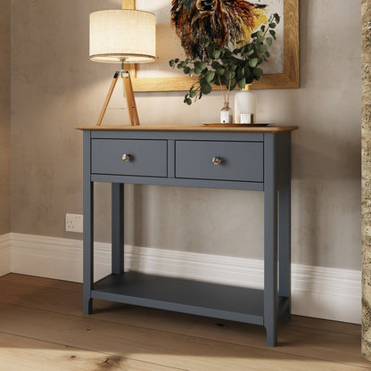 Taberno Oak 2 Drawer Console Hallway Table Graphite Blue