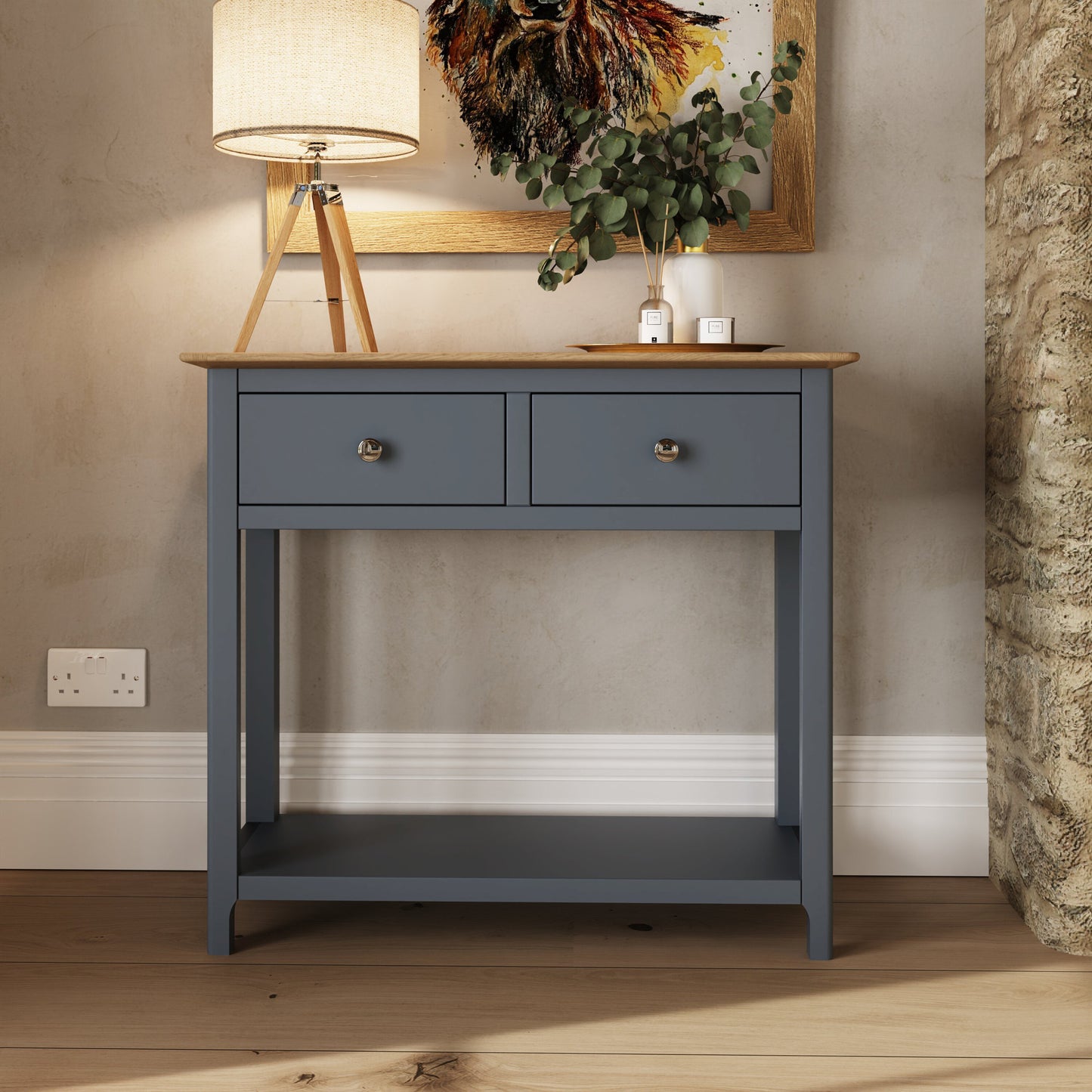 Taberno Oak 2 Drawer Console Hallway Table Graphite Blue