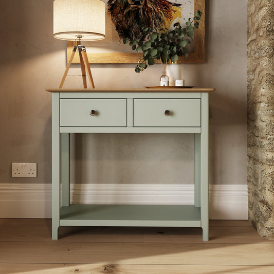 Taberno Oak 2 Drawer Console Hallway Table Sage Green
