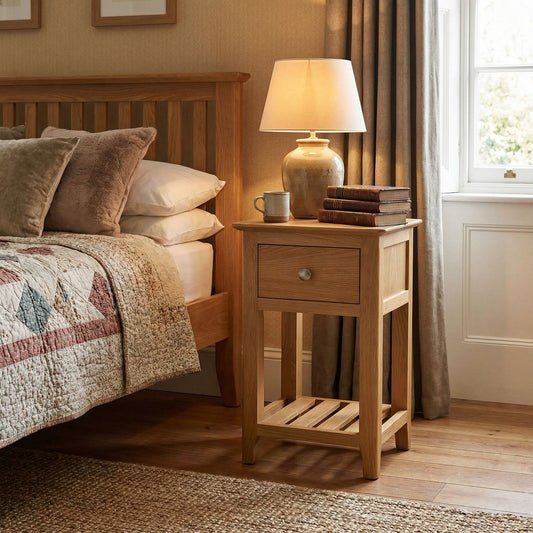 Taberno Oak Assembled 1 Drawer Slim Bedside