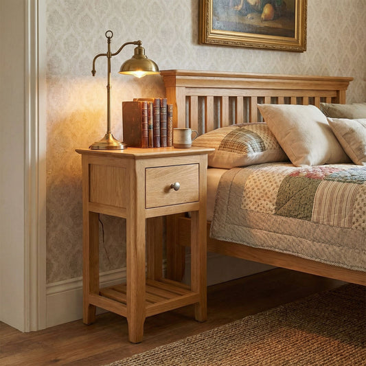 Taberno Oak Assembled 1 Drawer Slim Bedside