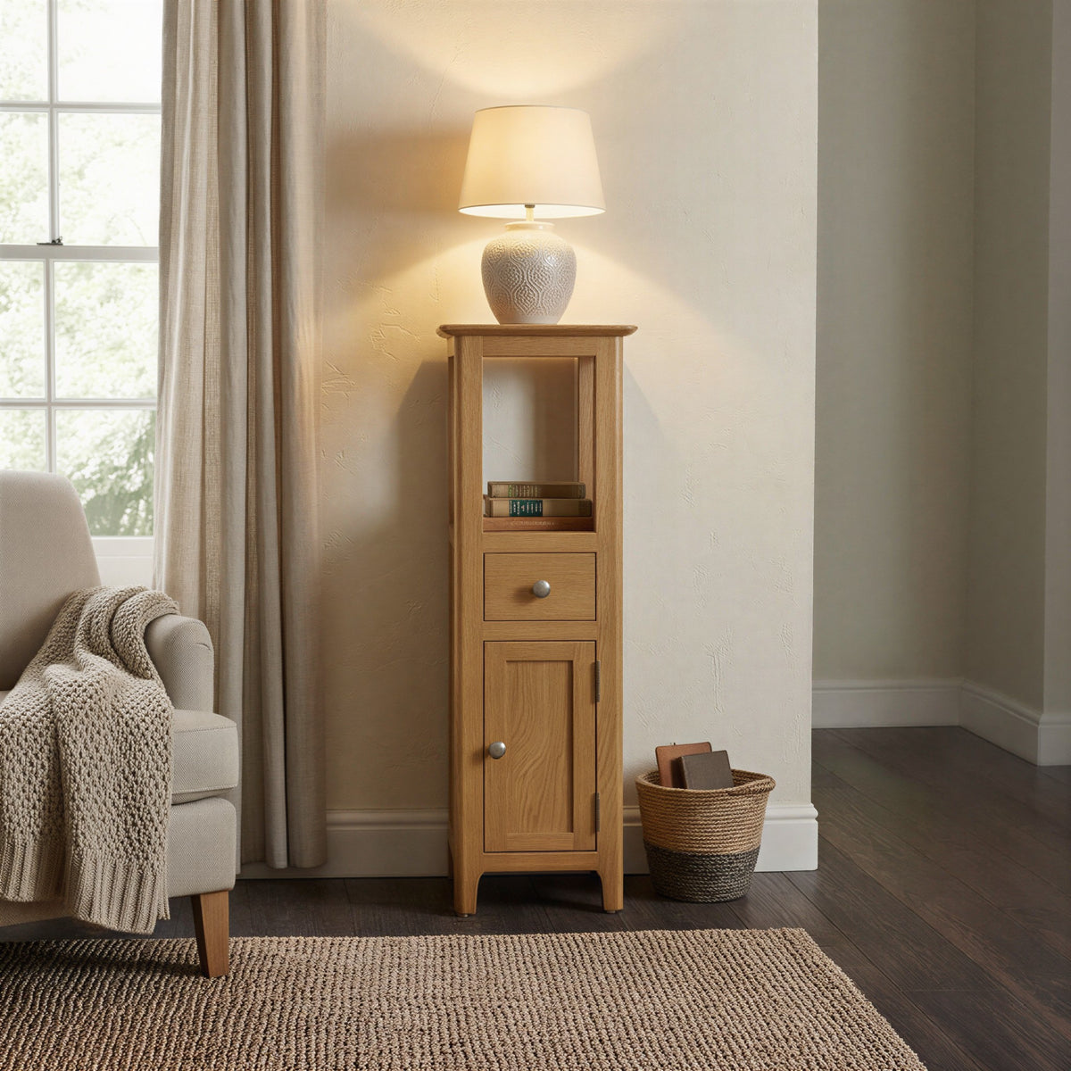 Taberno Oak Tall Slim Open Top Assembled Cabinet