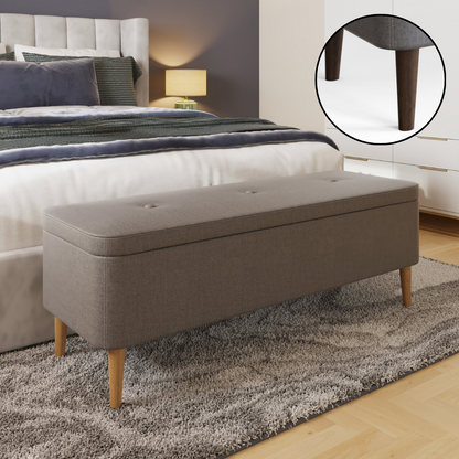 Grey Linen Ottoman Storage Bench With Solid Wooden Legs