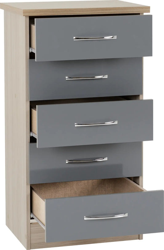 Nevada 5 Drawer Narrow Chest Grey Glosslight Oak Effect Veneer 2019 02