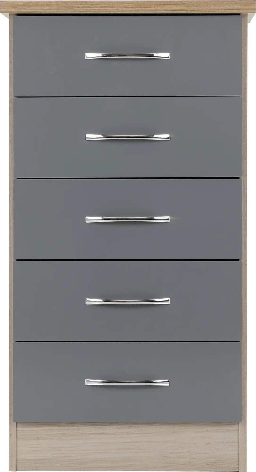 Nevada 5 Drawer Narrow Chest Grey Glosslight Oak Effect Veneer 2019 03