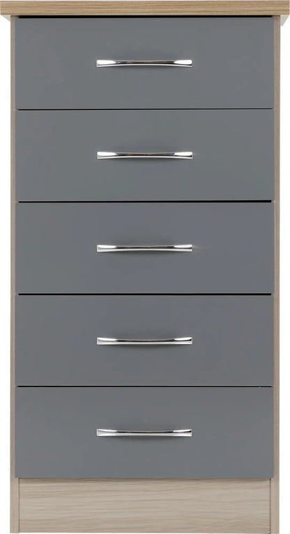Nevada 5 Drawer Narrow Chest Grey Glosslight Oak Effect Veneer 2019 03