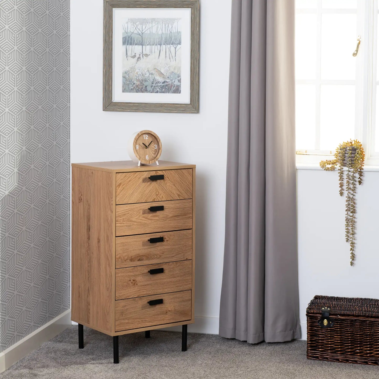 Leon 5 Drawer Narrow Chest   Medium Oak Effect 2023  07