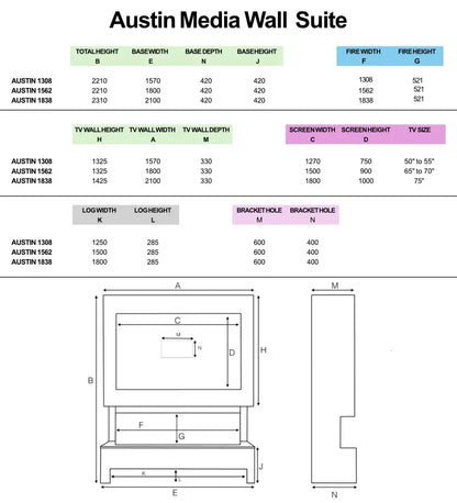 Hestia 1562 Electric Fire & Austin Media Wall Package